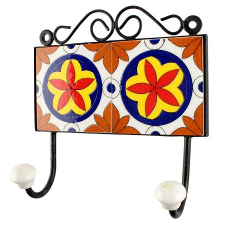 Ceramic Floral Tile Wall Hook in Orange
